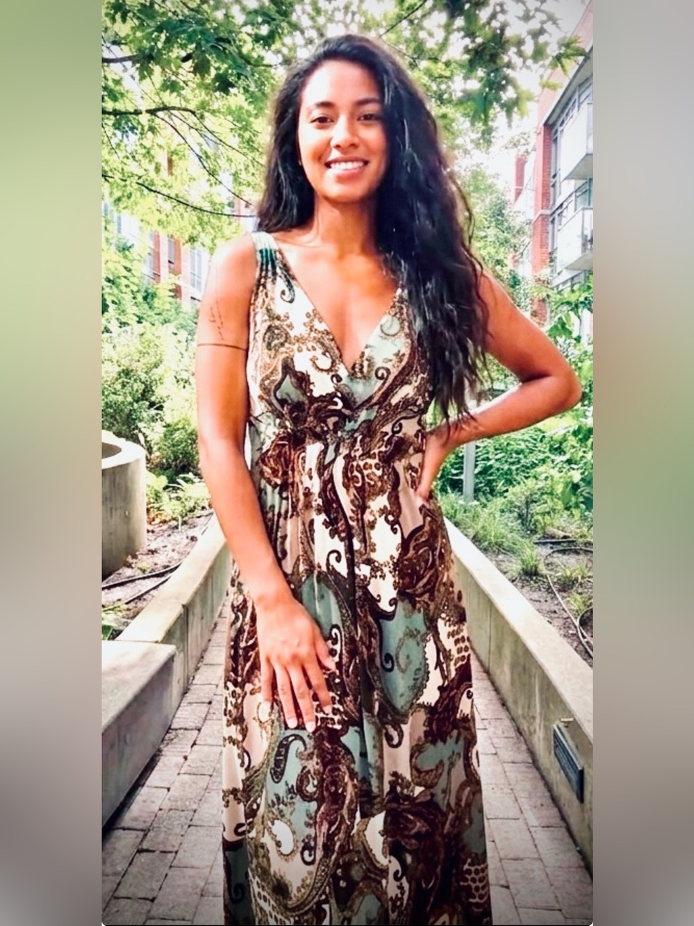 Paisley V-Neck Maxi Dress in Green and Brown